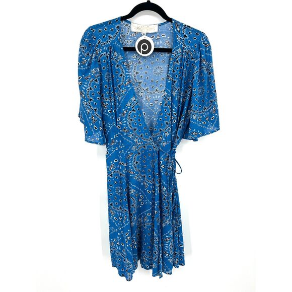 NWT JEN'S PIRATE BOOTY Blue Black Aztec Flutter Sleeve Wrap Mini Dress Medium - Picture 1 of 7